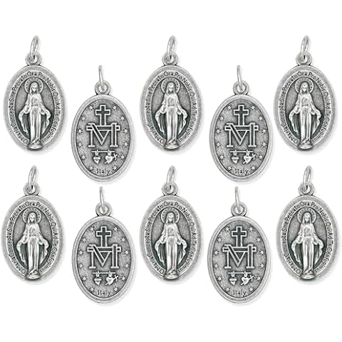 Caritas et Fides Pack of 10 - Latin Miraculous Medals - 1" Silver Oxidized Finish Immaculate Mary Medal, Catholic Pendant for Necklace or Rosary, Made in Italy Cover