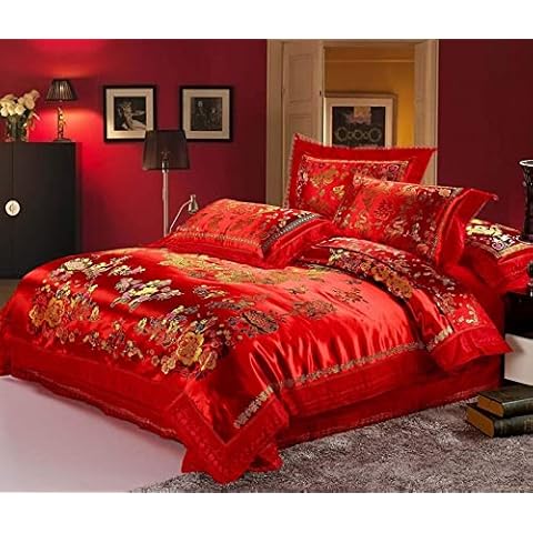 Chinese Traditional Dragon and Phoenix Duvet Cover Set Chinese Style Bedding Bed Sets 4PCS,Medium Double Bed and Dragon Phoenix Bird Embroidered Duvet Cover Set ( Color : Red D-0 , Size : 220*240cm ) Cover