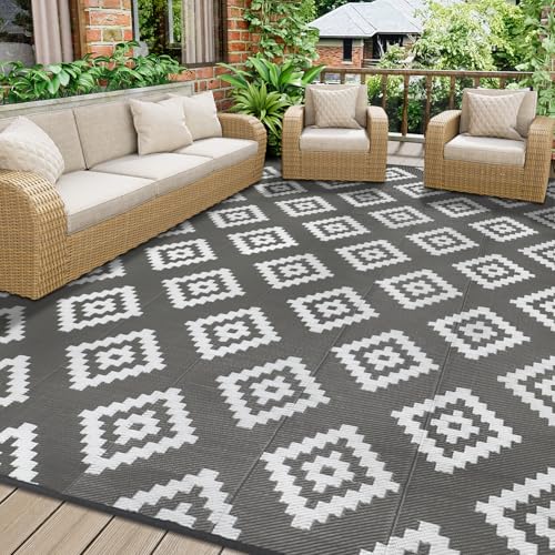 Homcomodar Outdoor Teppich Wetterfest 180x270cm Grau Outdoor Teppich für Patio Clearance Balkon Teppiche Kunststoff Stroh Teppiche UV-beständige Camping Matte für Picknick Deck