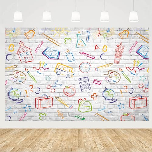 Toile de fond rentrée scolaire mur briques blanches et crayons pour studio photo et fête