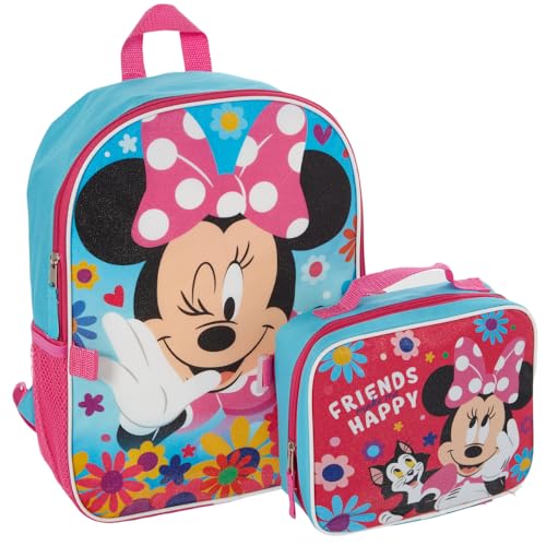 Disney Minnie Backpack for Girls with Lunch Box | Minnie Blue Backpack for School and Reusable Lunch Bag