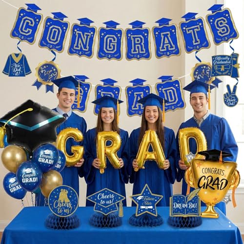 Image of Royal Blue and Gold Graduation Party Decorations 2026 - Class of 2026 Grad Balloons Garland Kit with Banner, Honeycomb Centerpieces, Hanging Swirls, Foil Trophy Balloons for Prom Senior Night