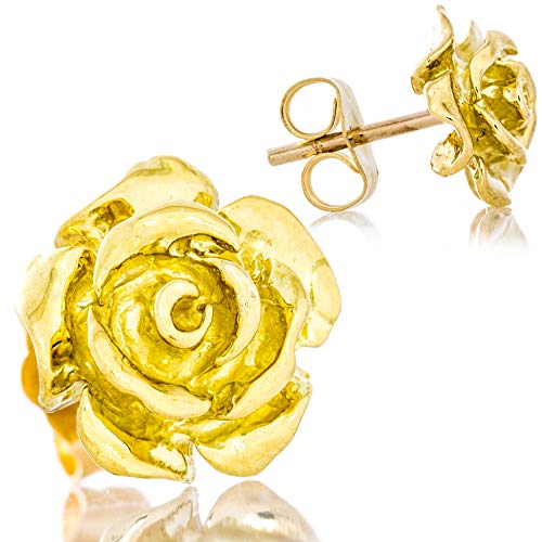 Solid 18K Yellow Gold Rose Flower Stud Earrings Handcrafted style 3/8 inch with Post and Friction Back | 2.6g