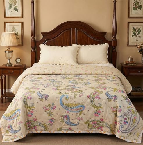 Image of Summer Blanket 100% Cotton Reversible Ac Comforter and Cooling | Classic Printed Design | Quilt | Dohar Single /Double Bed Quilt Ideal for Gifting (Cream, Single)