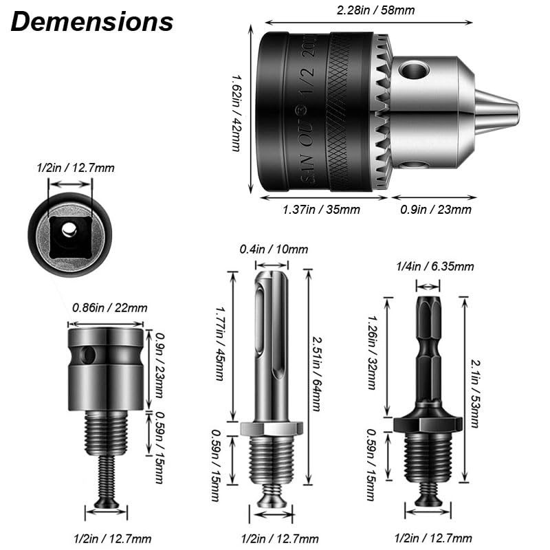1 pieza Convertidor de 1,5-13 mm 1/2 20UNF Llave Portabrocas Rosca Adaptador de Cambio Rápido SDS 1/4 Llave de Impacto Punta Varilla de Conexión Hexagonal(D (5pcs Set))