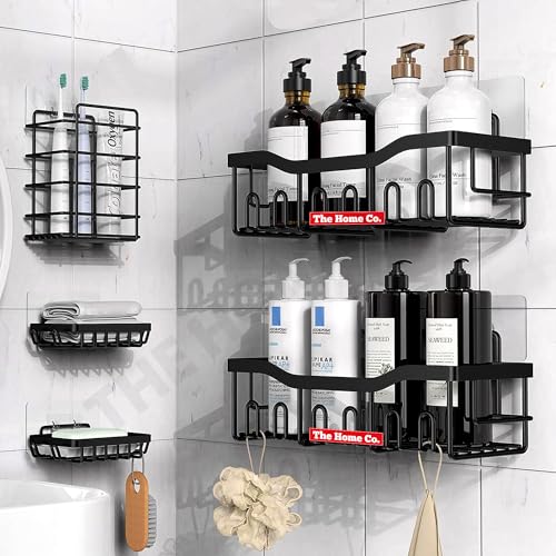 Image of The Home Co. Self Adhesive Steel Bathroom Organiser Without Dril 5 Pcs Set | Corner Shelf for Wall, Soap Dish with Toothbrush Holder | Ideal for Bathroom Accessories Set