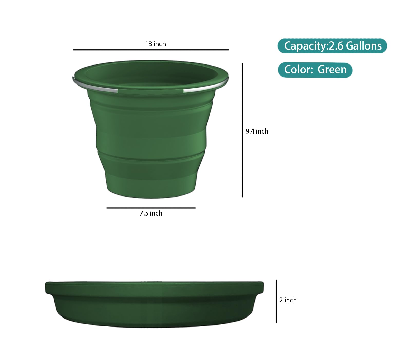 Cubo plegable de silicona, limpieza del hogar o lavado de coches, cubo plegable portátil para pesca o camping, 2.6 galones (10 litros), diseño que ahorra espacio, redondo (verde)
