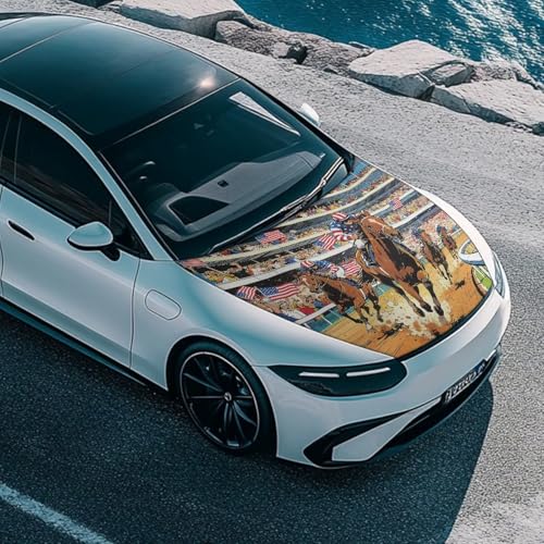 Image of Car Hood Cover Protector 59x39 inches Stretchable Auto Hood Wrap American Flag Horse Racing Waterproof Auto Exterior Accessories for Compact Sedans SUV Trucks