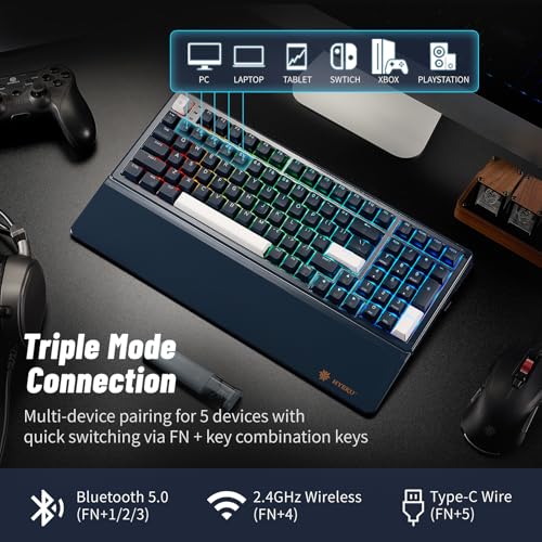 Image of Hexgears Wireless Mechanical Keyboard with Wrist Rest,Tri-Mode BT5.0 /2.4GHz /USB-C Hot Swappable Custom Keyboard,Pre-lubed Linear Switches,RGB Backlit Computer Gaming Keyboards for PC /Tablet /PS /Xbox