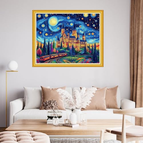 Image of Fanxvivy Stamped Cross Stitch Kits for Beginners Full Range of Cross Stitching Preprinted Embroidery Kits for Adults, 11CT Embroidery Pattern Needlepoint Kits-Van Gogh Castle Train 16x20 inch