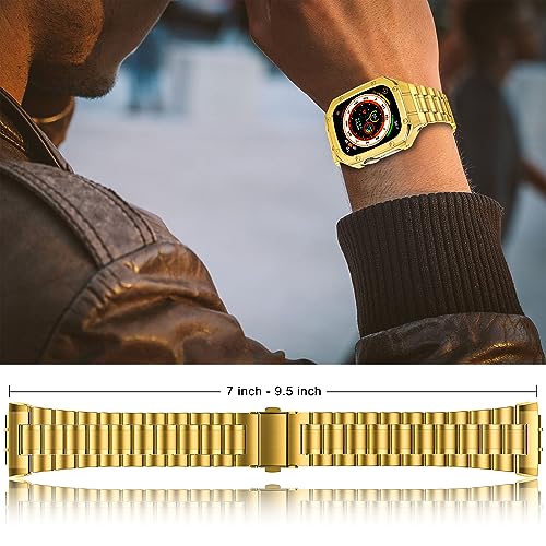 HASLFM Stainless Steel Watch Band and Case Compatible with Apple Watch Ultra 2/Ultra (49mm),Adjustable Metal Strap and Rugged Protector Cover for iWatch Men,Gold