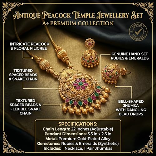 Image of Traditional Gold-Plated Lakshmi Temple Pendant Necklace Set for Women | Antique South Indian Jewelry with Jhumka Earrings | Ethnic Bridal, Wedding & Festive Jewelry Set