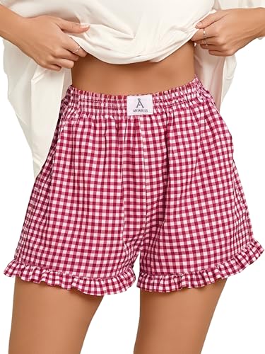 ANRABESS Boxer Shorts for Women,Gingham Plaid Elastic Waist Ruffle,Perfect for...