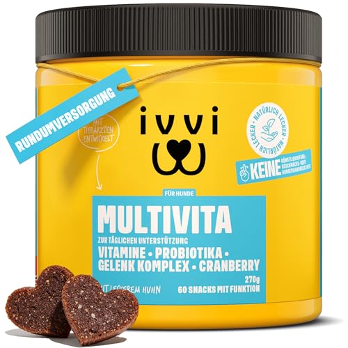 ivvi Multivitamin für Hunde als Leckerli – Rundumversorgung mit Probiotika, B Vitamine, Omega 3, Grünlippmuschel, Cranberry - 60 Snacks (270g) mit Huhn