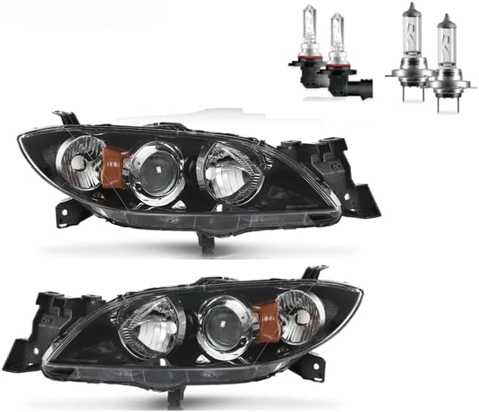 Headlights Assembly for 2004-2009 Mazda 3 Sedan Halogen Headlamp Replacement, High/Low Beam W/Bulbs, Driver&Passenger Side