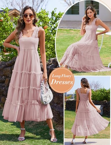 Image of HEEKPEK Womens Summer Midi Dresses 2025 Flowy Tulle Sleeveless Smocked Square Neck Ruffle Tiered Sundress Wedding Guest Party