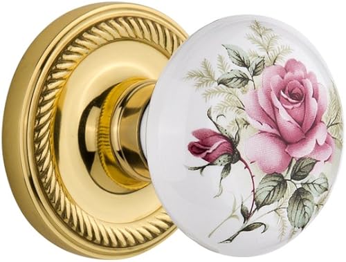 Nostalgic Warehouse Roseta de cuerda con pomo de porcelana rosa blanca, paso - 2.75 pulgadas, latón pulido