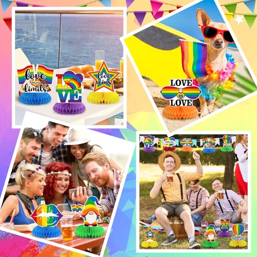 Image of 12 Pcs Pride Table Decorations Happy Pride Month Honeycomb Centerpieces for Tables, 3D Double Sided Rainbow Party Centerpiece, Love Is Love Table Decorations for Rainbow Theme Party Supplies