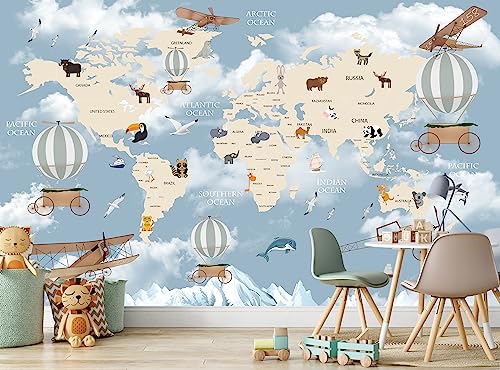 Papier peint photo carte du monde animaux pour enfants mur chambre d'enfant montgolfières l 366 cm x H 254 cm décoration murale poster papier Papier peint photo carte du monde animaux pour enfants mur chambre d'enfant montgolfières l 366 cm x H 254 cm décoration murale poster papier