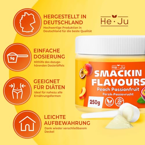 He-Ju Flavour Pulver Peach Passionfruit 250g vegan, Pfirsich Maracuja Geschmackspulver zum Süßen fast ohne Kalorien