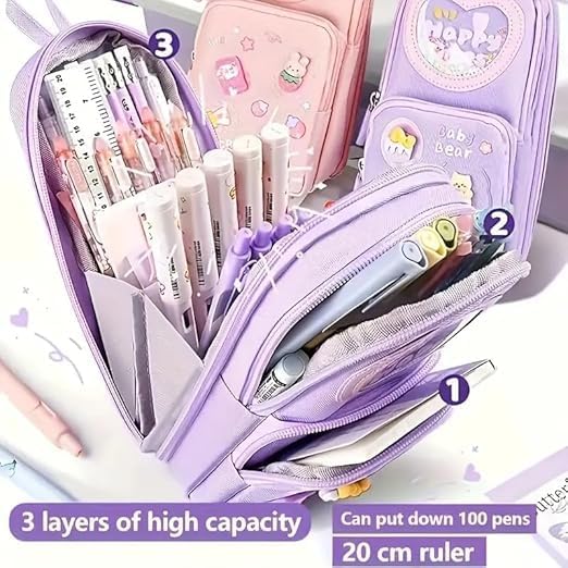 Image of Invite Enterprise Three Layer School Bag-Shaped Pencil Pouch, Large-Capacity Pencil Pouch with Zipper, Multipurpose Pen & Pencil Case for School Supplies for Boys & Girls (Purple - Happy Time Pouch)