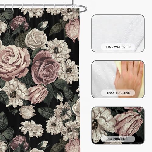 Eovdsfw Black Floral Shower Curtain For Bathroom Set Dark Rose Blossom Flower Boho Victorian Spring Wildflower Woman Vintage Plant Bath Curtain 60 X 72 Inch Decorative Polyester Fabric Cloth Waterproof Decor thumb #2