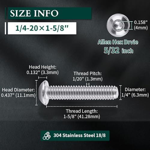 Image of 1 /4-20 x 1-5 /8 inch Button Head Socket Cap Bolts Screws, 304 Stainless Steel 18-8, Allen Hex Drive, Bright Finish, Fully Machine Thread, Pack of 50