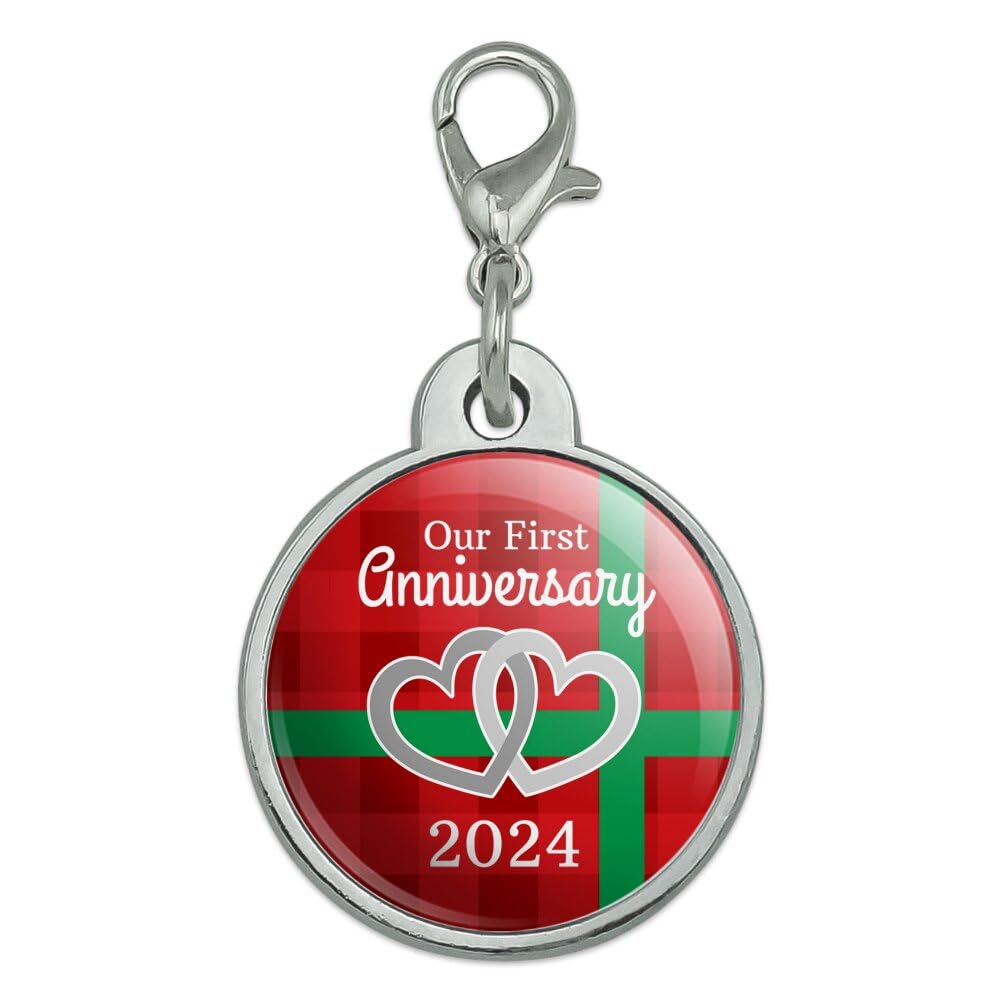 Our First Anniversary Hearts Red Plaid Green Bow 2024 Chrome Plated Metal Pet Dog Cat ID Tag - Small