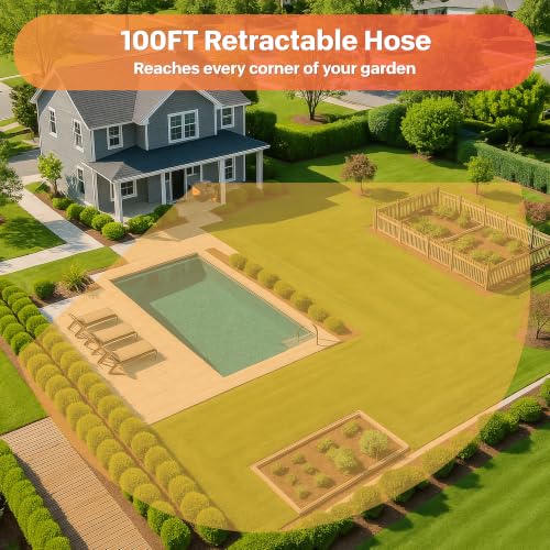 Image of Ayleid Retractable Rubber Hybrid Garden Hose Reel, 1 /2 inchx65ft Wall Mount | Anti-freeze, kink-free premium rubber hybrid hose, 24-month warranty, 9-pattern sprayer, any-length lock, slow auto-return.