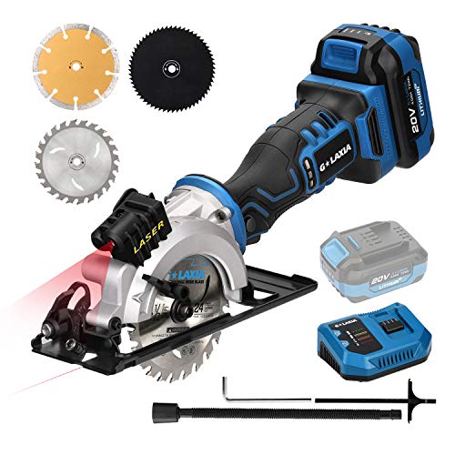 G LAXIA Sierra Circular sin Escobillas,20V 4000RPM mini Sierra Circular Inalámbrica, Profundidad de corte 28 mm (45 °) 42.8 mm (90 °),115 mm Hoja de Sierra, con 4.0Ah Batería y Cargador