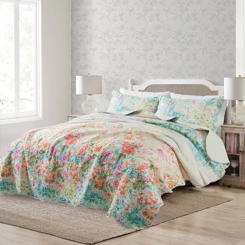 NEWLAKE Quilt Bedspread Sets- Dreamy Flowers Reversible Coverlet Set,Queen Size