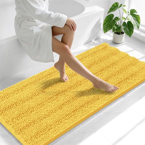 Image of Smiry Thick Chenille Bathroom Runner Rugs 59x24, Absorbent Striped Bath Mat, Machine Washable, Rubber Backing, Extra Long Bath Rugs for Tub & Shower, Modern Home Decor Accessories, Yellow