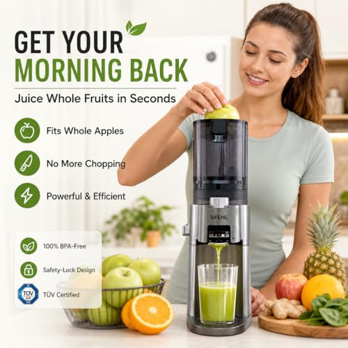 Image of SIFENE Cold Press Masticating Juicer for Whole Produce, 100mm Chute, Gray | 600ml juice cup and 800ml pulp cup, 60 RPM slow squeeze, reverse function, BPA-free food-contact parts, apple and celery prep