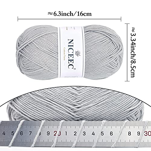 Niceec 3 Skeins Soft Cotton Yarn 5Ply Baby Cotton Yarn For Knitting Crochet Baby Weight Yarn Cotton Blend Yarn Total Length 3×220M(3×240 Yds,100G×3)-Light Grey #TOP1