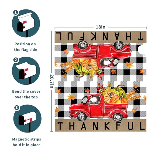 Image of Fall Thanksgiving Red Truck Mailbox Cover Magnetic Standard Size 21 inchx18 inch Autumn Pumpkin Harvest Magnetic Mail Box Cover Autumn Post Letter Box Cover Wrap Fall Mailbox Decals for Home Garden Yard