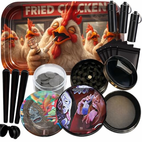 Rolling Tray Kit with Grinder & Accessories Large Metal Rolling Tray Set Smell Proof Keychain Containers Protective Tubes Stash Bags & Screens Complete Portable Smoking Accessories Organizer