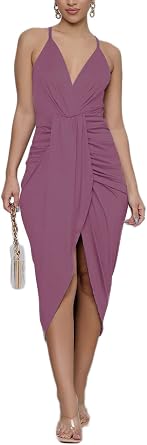 LYANER Women's Summer V Neck Ruched Wrap Slit Spaghetti Strap Midi Cocktail Wedding Guest Dress