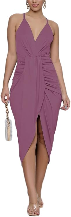 LYANER Women's Summer V Neck Ruched Wrap Slit Spaghetti Strap Midi Cocktail Wedding Guest Dress