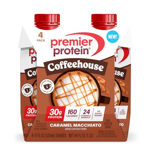 Premier Protein COFFEEHOUSE Caramel Macchiato Protein Shake with Caffeine – 30g Protein, No Added Sugar, 24 Vitamins & Minerals, Coffee Beverage for Energy, Gluten-Free, 11 fl oz (4 Pack)