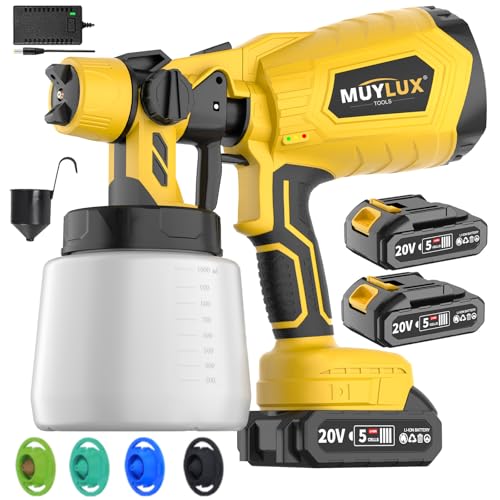 Cordless Paint Sprayer with Battery and Charge, 800W Electric Spray Gun with 5 Nozzles and 3 Patterns, Paint Sprayers for House Painting, Ideal Tool for All House Scenes, 2 Batteries