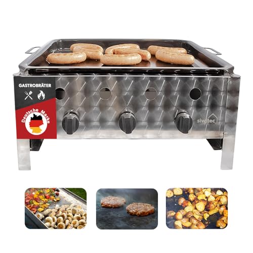 siwitec Gastrobräter 3-flammig Gastrogrill Gasgrill Wurstbräter aus Edelstahl Profi Kombi-Bräter für Gastronomie Imbiss & Catering leistungsstarker Grill mobil (B) 64 x (T) 52 x (H) 28 cm
