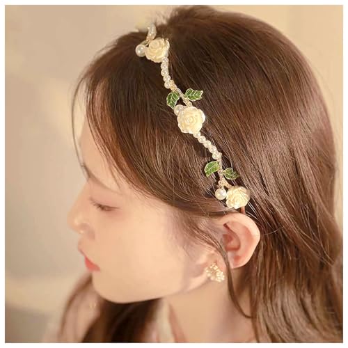 Pearl Rose Flower Headband 1920s French Vintage Camellia Hair Hoop 1920s Leaf hair Band Headpiece Accessories for Women Girls (White)