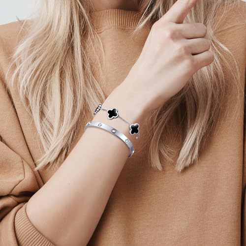 Clover Bracelet Love Bangle Stack Set 18K Gold Plated Four Leaf Clover Bracelet Black and White Simple Cute Friendship Bangle Bracelets for Women Trendy Holiday Gifts3