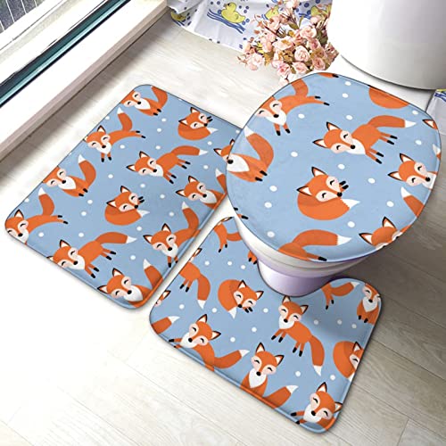 DIRYKILP Badematte + Konturmatte + Toilettendeckelbezug, Süßer kleiner Fuchs 3-teiliges Badematten-Set, mit rutschfester Klebeunterseite