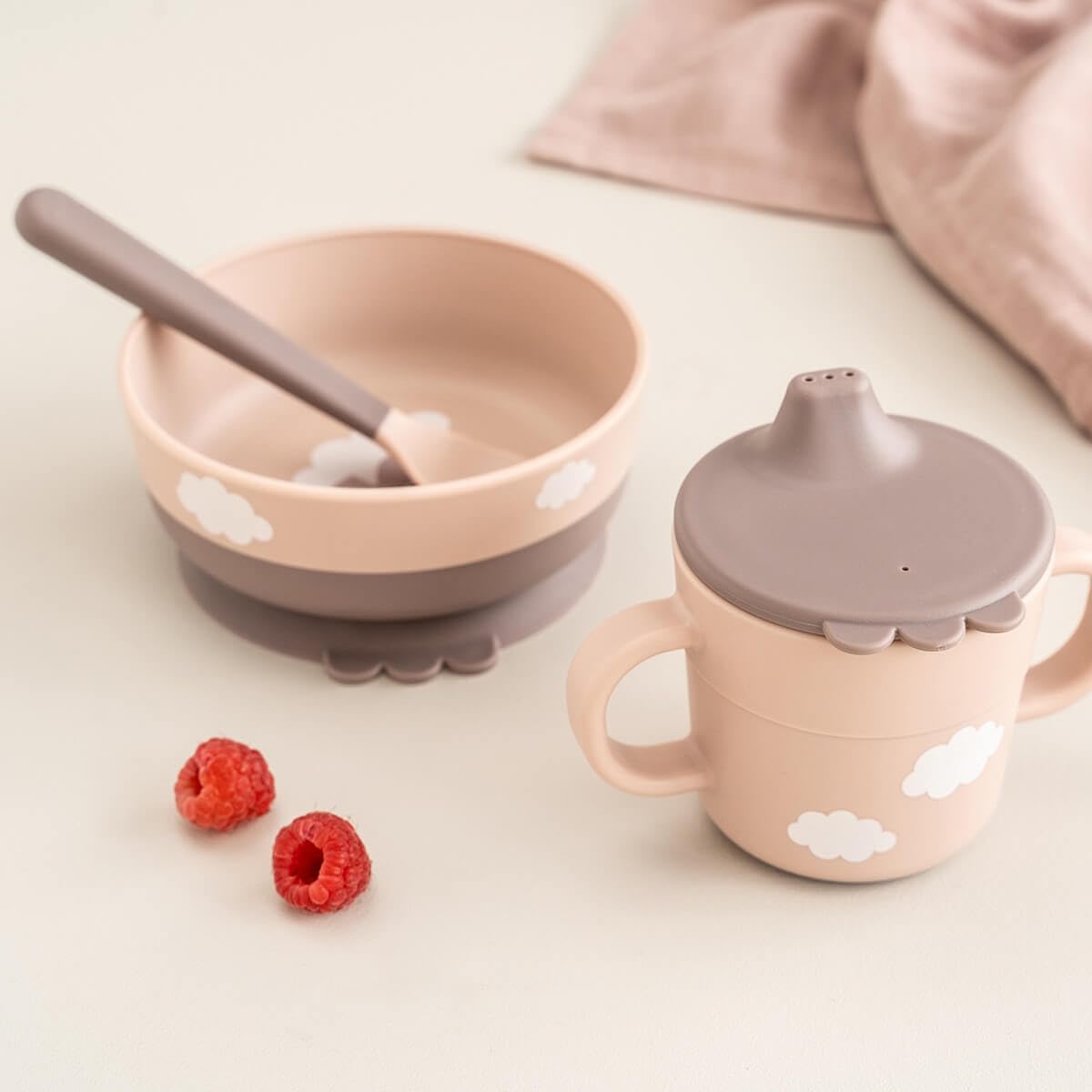 Done by Deer Foodie First Meal Set with Suction Base – Bowl, 2-Handle Spout Cup & Spoon – Happy Clouds Design in Powder – Baby Feeding Set for New Eaters – Dishwasher & Microwave Safe