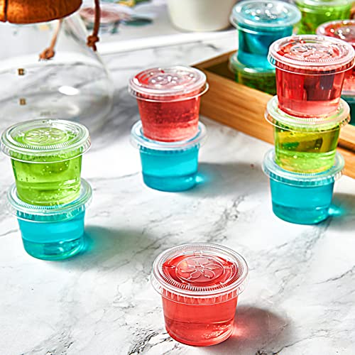 Image of 400 Sets 1 oz Plastic Portion Cups with Lids, Plastic Sauce Cups with Lids | Leak-proof sealing lids for sauces, jelly shots, souffle, condiments, dressings, for daily use, commercial kitchens, takeaway