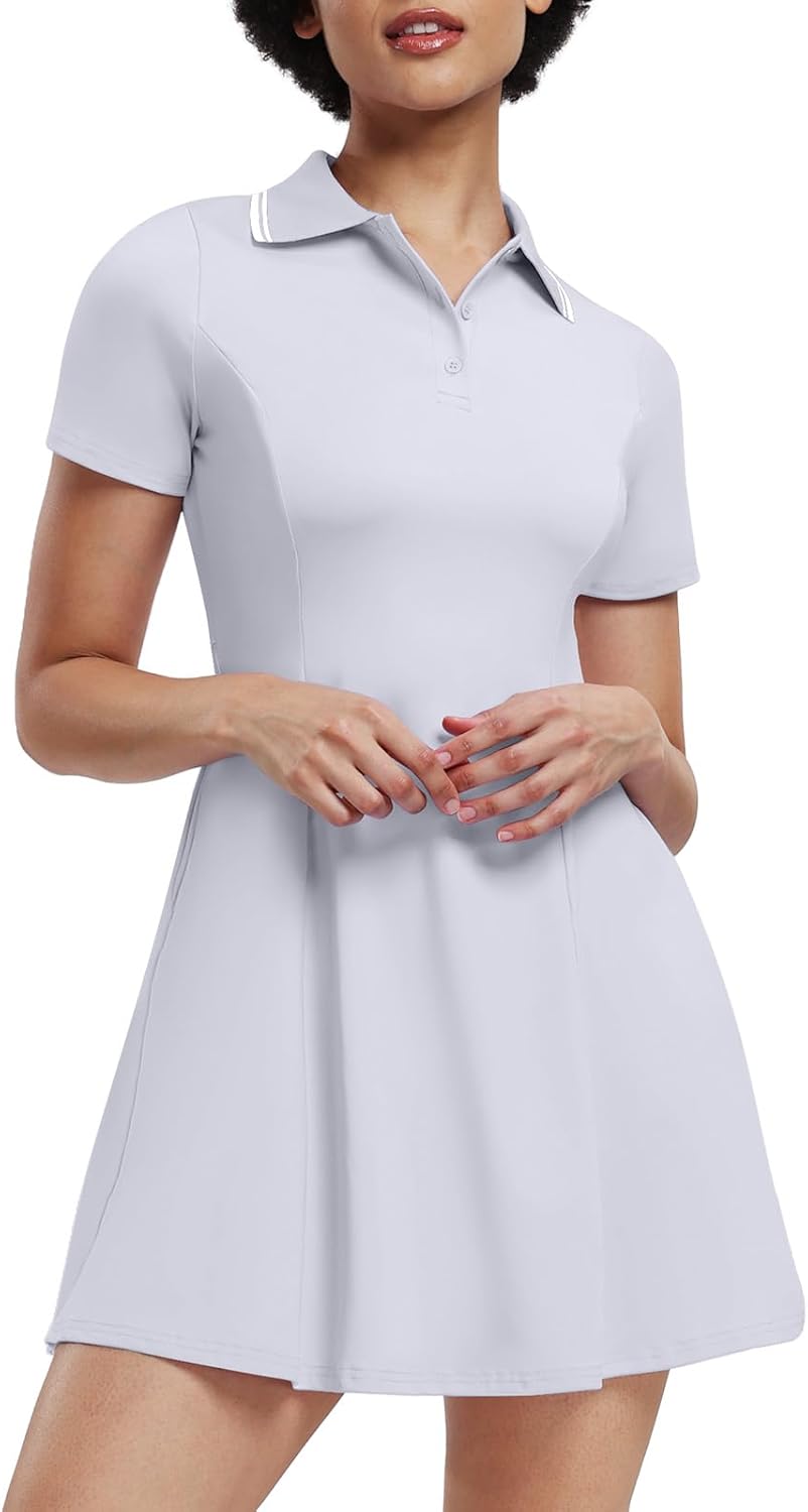Womens Tennis Dresses Golf Dress Short Sleeve with Shorts Workout Athletic Dress - Image 2