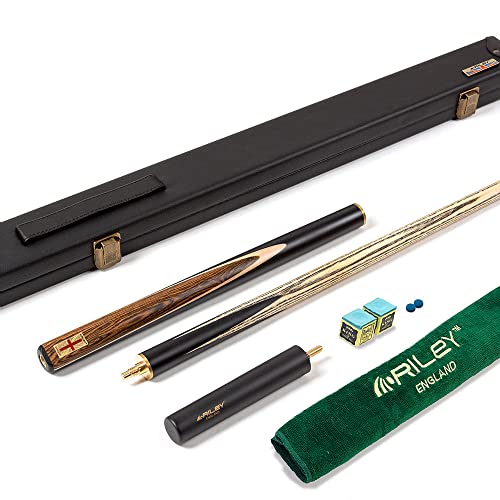 Image of Riley England 3 Piece Snooker Cue & Hard Case 3/4 Cut – Hand Spliced Ebony Butt - 145cm - North American Ash Shaft with 9.5mm Tip - Includes 15cm Extension & Accessory Pack (RES-3 Design)