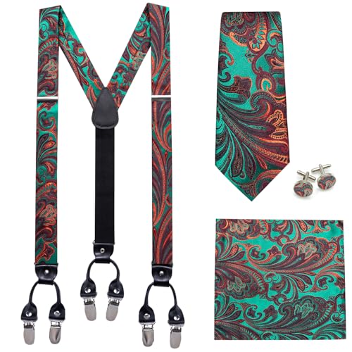 Image of Barry.Wang Men Suspender Set with Necktie Elastic Y Type Heavy Duty 6 Clips Braces Tie Handkerchief Cufflink Pin 6PCS