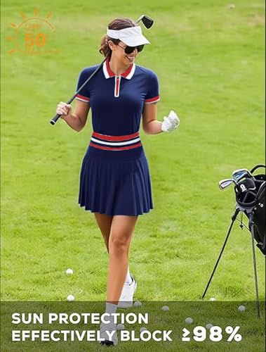 Tennis Skirt Sets for Women Zipper Color Block High Waisted Golf Polo Two Piece Skirt Set Women 2 Piece Outfits3